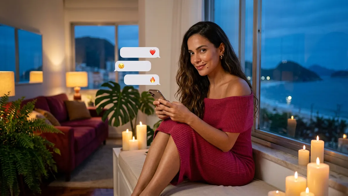 Mulher no parapeito com velas olhando por cima do celular, vários balões com ícones diferentes, como opções (imagem gerada por IA)