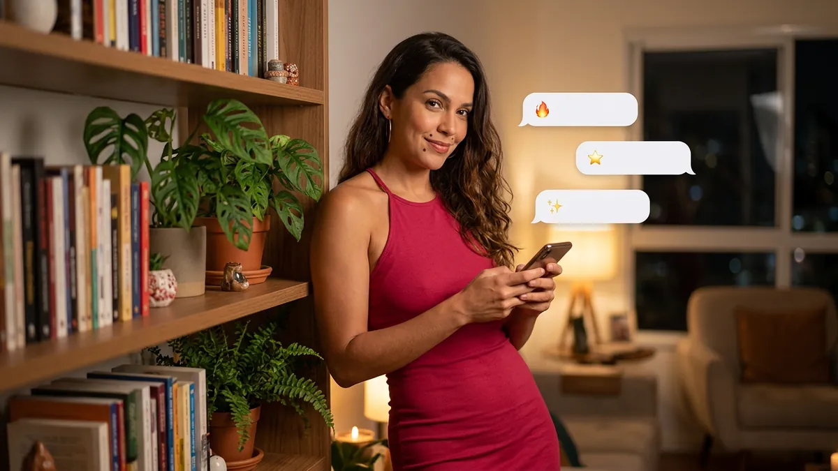 Mulher junto à estante com plantas digitando no celular, vários balões com ícones diferentes, como opções (imagem gerada por IA)
