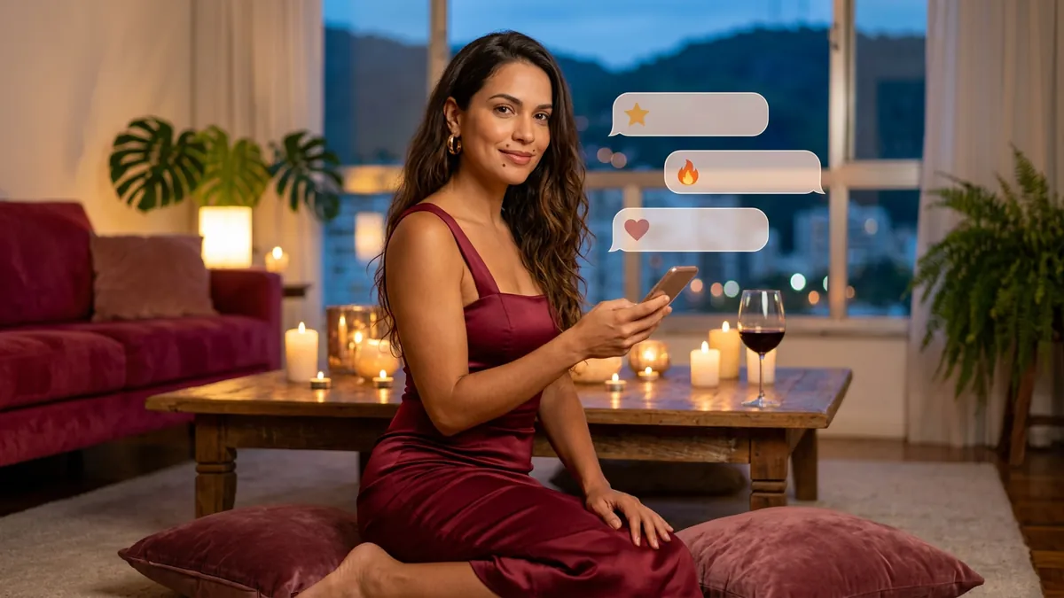 Mulher sentada em almofadas junto à mesa de centro com velas, vários balões com ícones diferentes, como opções (imagem gerada por IA)