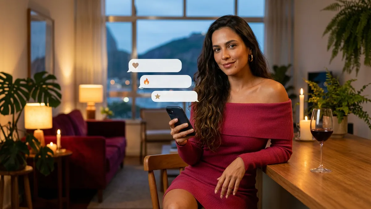 Mulher no balcão da cozinha com uma taça de vinho e o celular, vários balões com ícones diferentes, como opções (imagem gerada por IA)