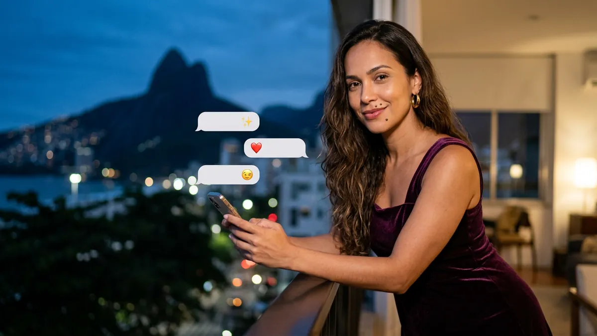 Mulher na varanda à noite com o celular e as luzes da cidade atrás, vários balões com ícones diferentes, como opções (imagem gerada por IA)