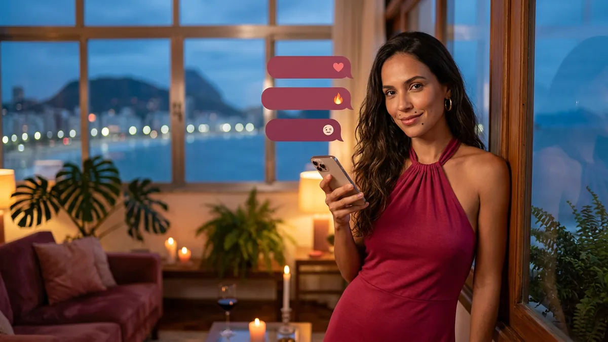 Mulher encostada na janela com a cidade ao fundo e o celular perto do rosto, vários balões com ícones diferentes, como opções (imagem gerada por IA)