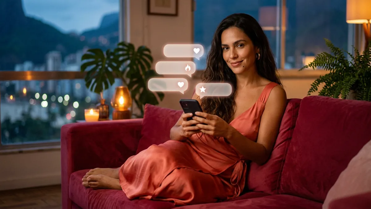 Mulher no sofá de veludo com o celular nas mãos, vários balões com ícones diferentes, como opções (imagem gerada por IA)