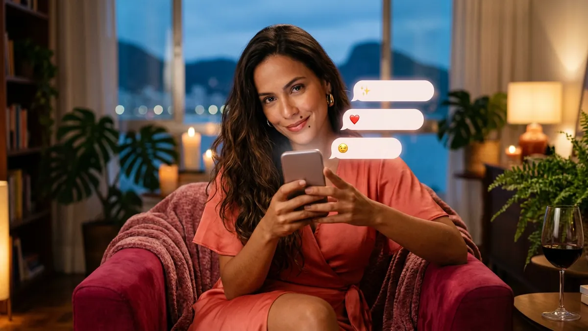 Mulher na poltrona de veludo com o celular perto do rosto, vários balões com ícones diferentes, como opções (imagem gerada por IA)