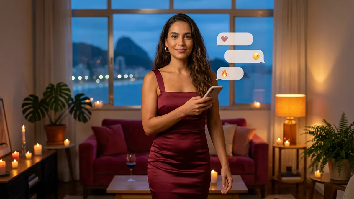 Mulher na sala iluminada por velas virando-se para a câmera com o celular, vários balões com ícones diferentes, como opções (imagem gerada por IA)