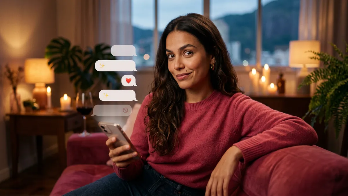Mulher ergue a sobrancelha para o celular: um balão bloqueado some e surgem novos balões (imagem gerada por IA)
