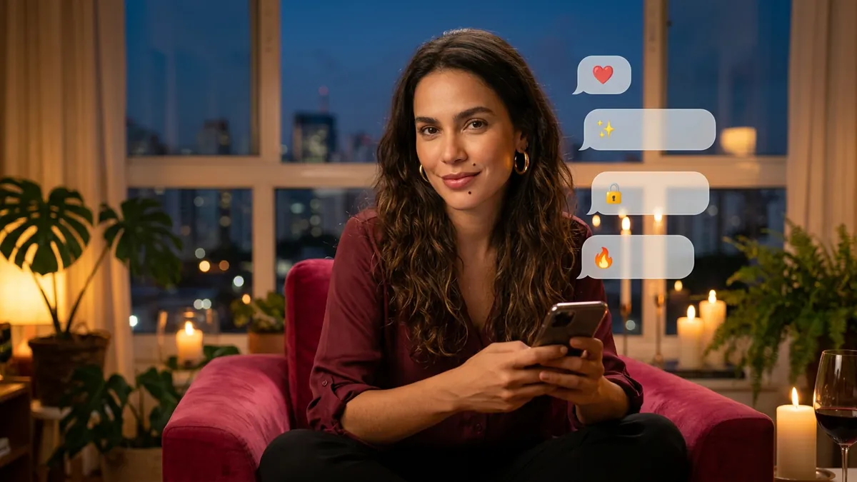 Mulher com o celular — conversa à noite (imagem gerada por IA)