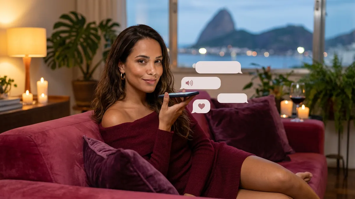 Mulher grava uma mensagem de voz no celular sorrindo, entre balões com ícones de áudio e coração (imagem gerada por IA)