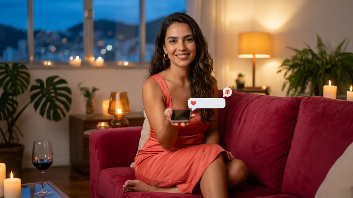 Mulher sorridente estende o celular como um presente, com um balão de coração saindo da tela (imagem gerada por IA)
