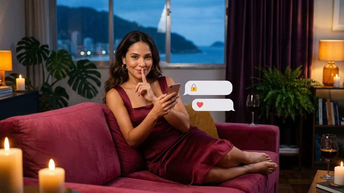 Mulher com o dedo nos lábios pedindo segredo, celular junto ao peito e balão com cadeado (imagem gerada por IA)