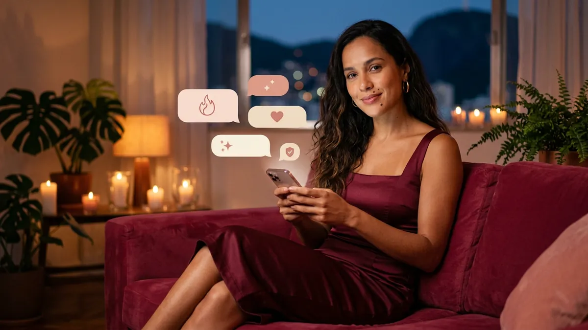 Mulher tranquila no sofá com o celular, entre balões com ícones de escudo e de confirmação (imagem gerada por IA)