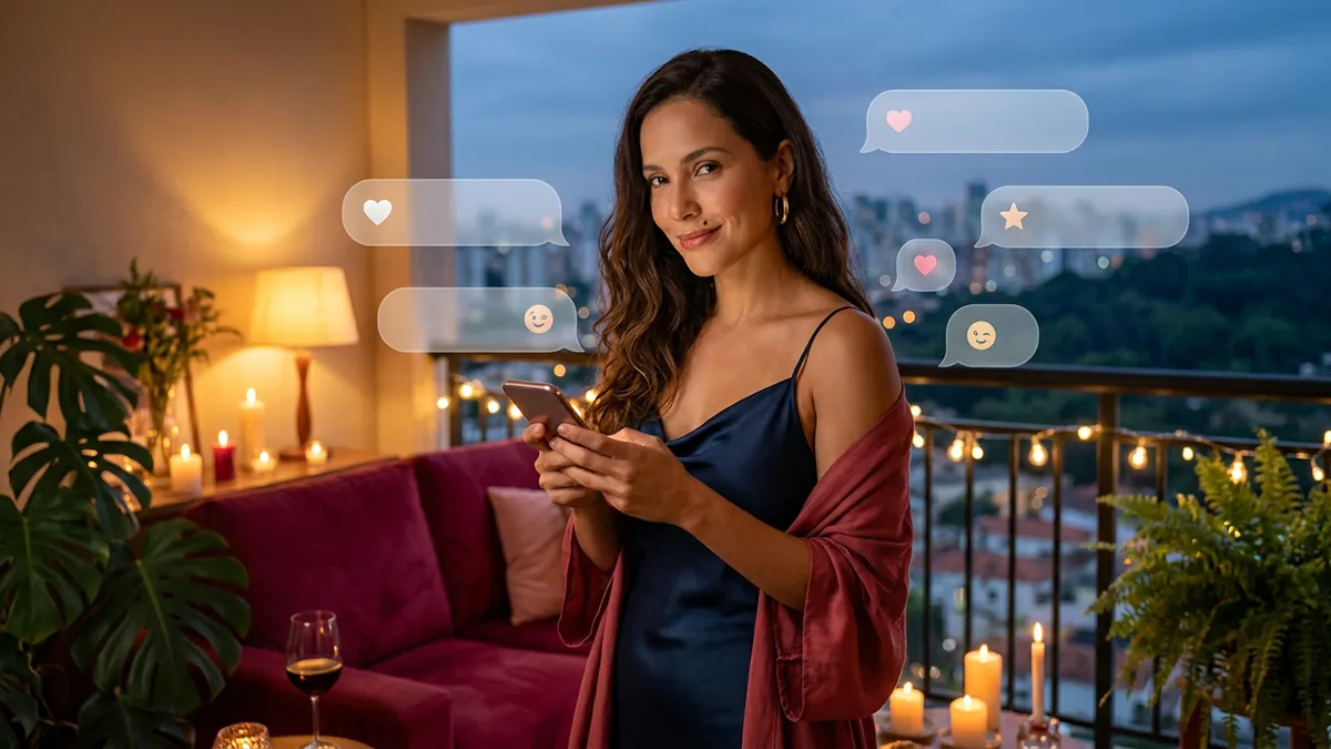 Mulher com o celular — noite na varanda (imagem gerada por IA)