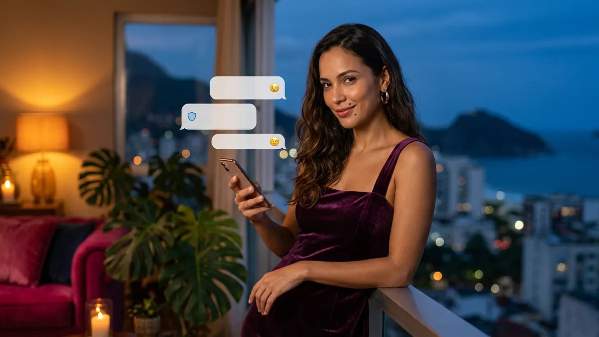 Mulher na varanda à noite com o celular e as luzes da cidade atrás, balões com ícones de cadeado e escudo (imagem gerada por IA)