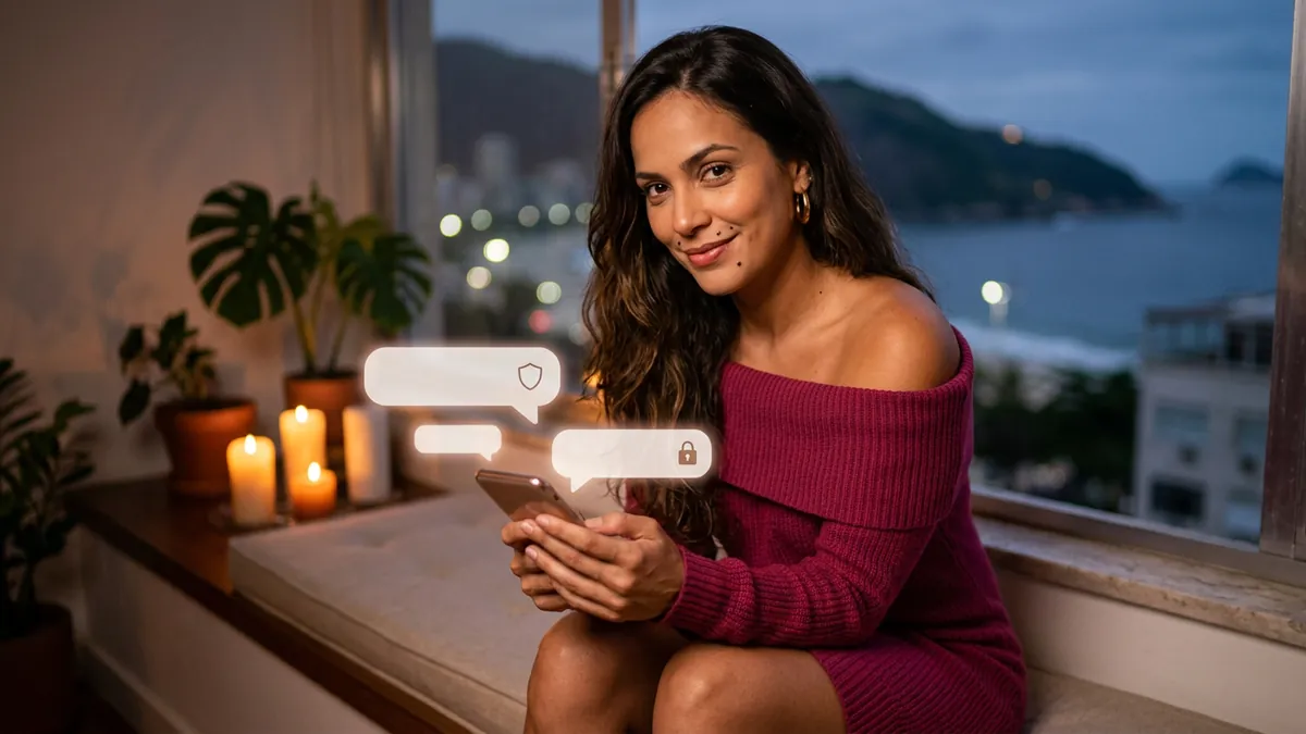 Mulher no parapeito com velas olhando por cima do celular, balões com ícones de cadeado e escudo (imagem gerada por IA)