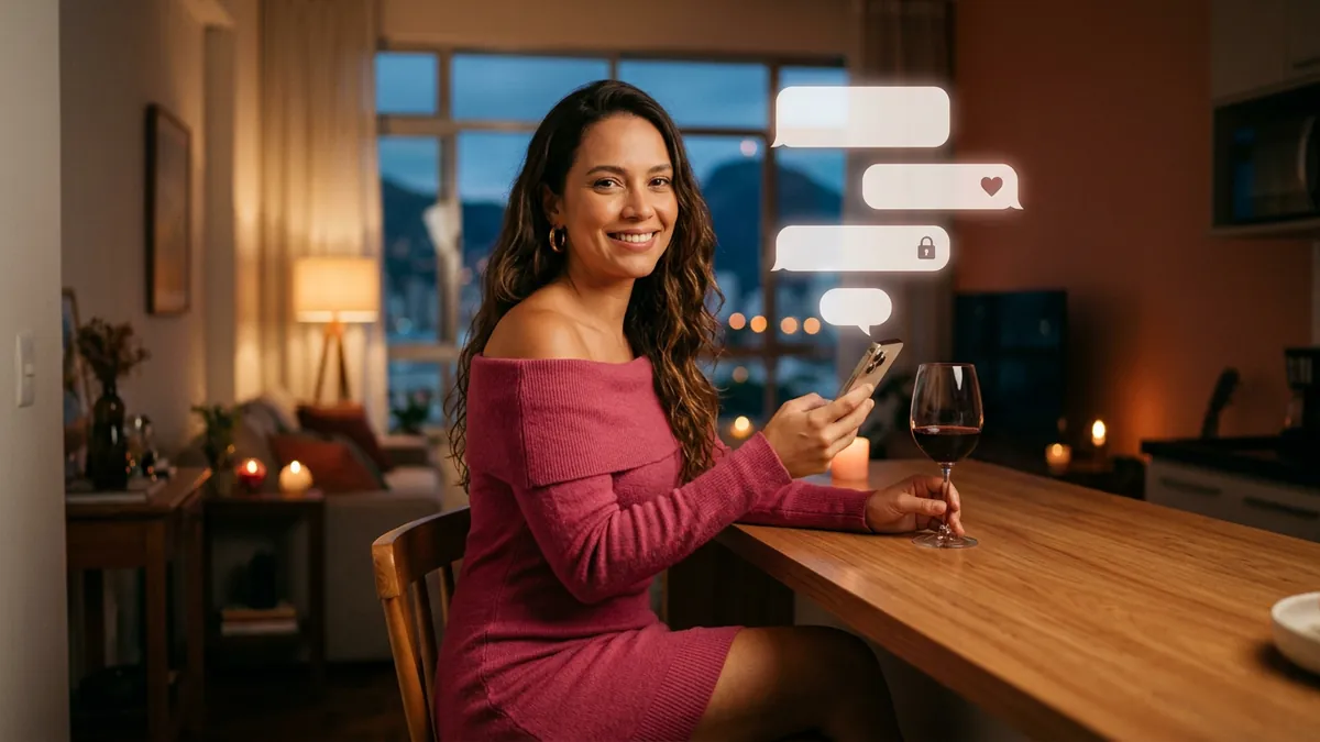 Mulher no balcão da cozinha com uma taça de vinho e o celular, balões com ícones de cadeado e escudo (imagem gerada por IA)