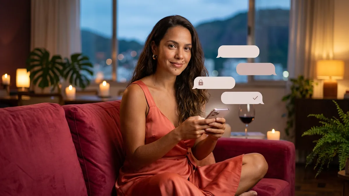 Mulher no sofá de veludo com o celular nas mãos, balões com ícones de cadeado e escudo (imagem gerada por IA)