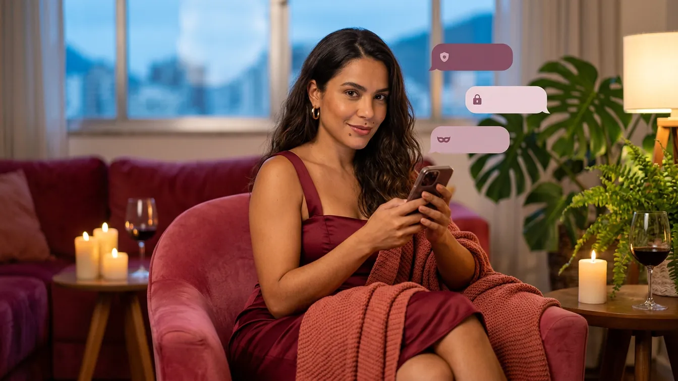 Adulto sentado à mesa olhando o celular com atenção, ao lado de um cartão (imagem gerada por IA)