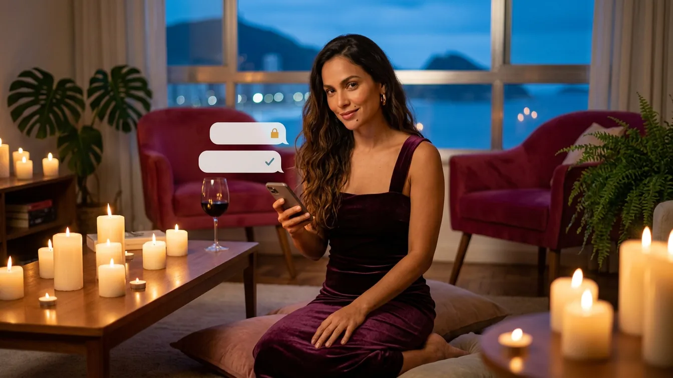 Adulto sentado à mesa olhando o celular e verificando configurações de conta (imagem gerada por IA)