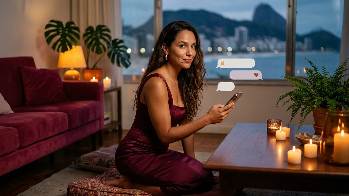 Mulher sentada em almofadas junto à mesa de centro com velas, balões com ícones de cadeado e escudo (imagem gerada por IA)