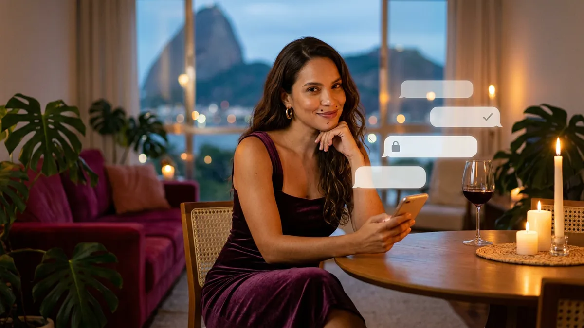 Mulher à mesa com velas, queixo apoiado na mão e celular na outra, balões com ícones de cadeado e escudo (imagem gerada por IA)