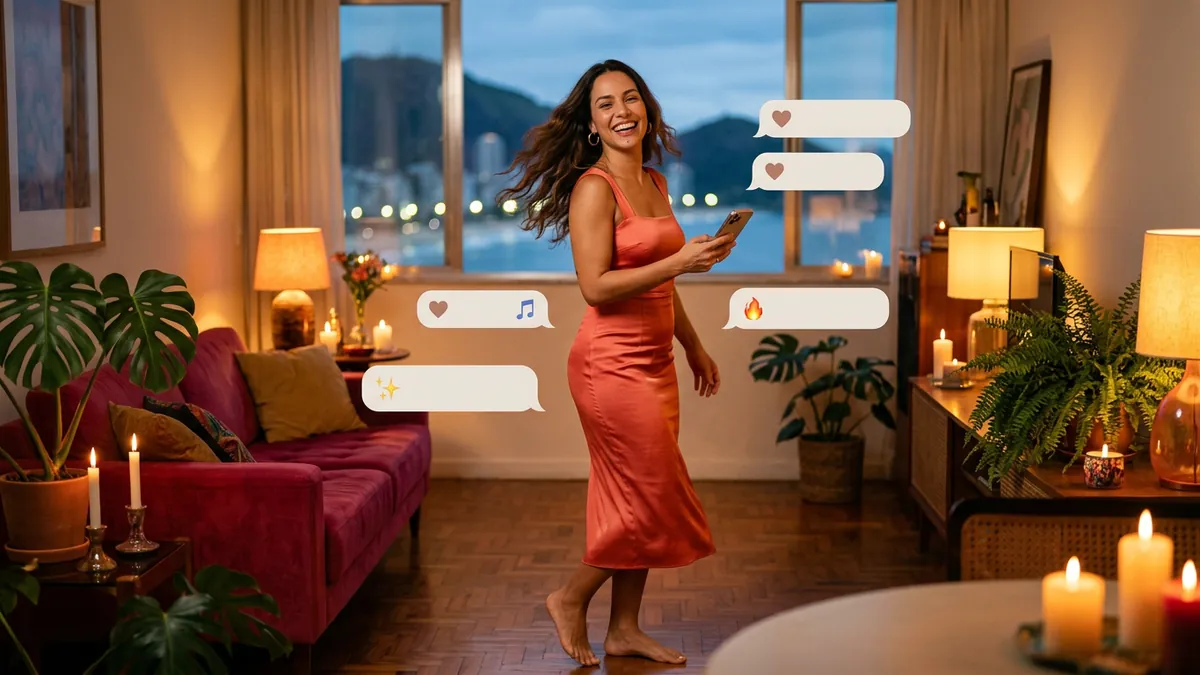 Mulher dança descalça na sala com o celular na mão, entre balões com notas musicais e corações (imagem gerada por IA)