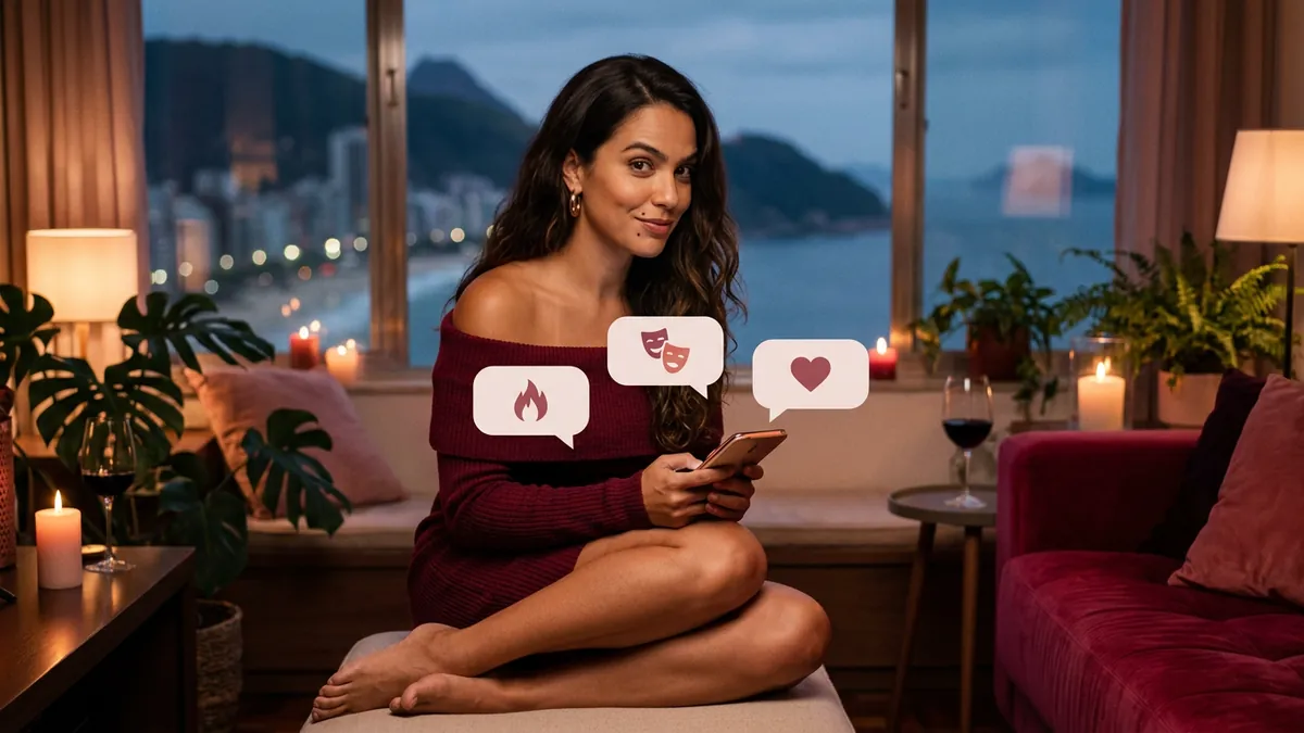 Mulher na janela, à noite, ergue a sobrancelha diante de três balões com fogo, máscara e coração (imagem gerada por IA)