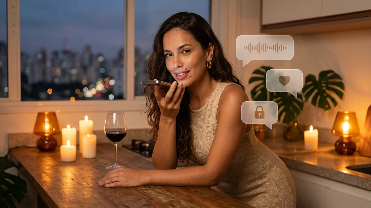 Mulher com o celular — mensagem de voz (imagem gerada por IA)