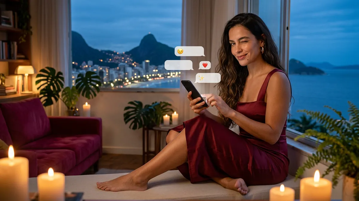 Mulher sentada na janela à noite pisca para a câmera enquanto conversa pelo celular (imagem gerada por IA)