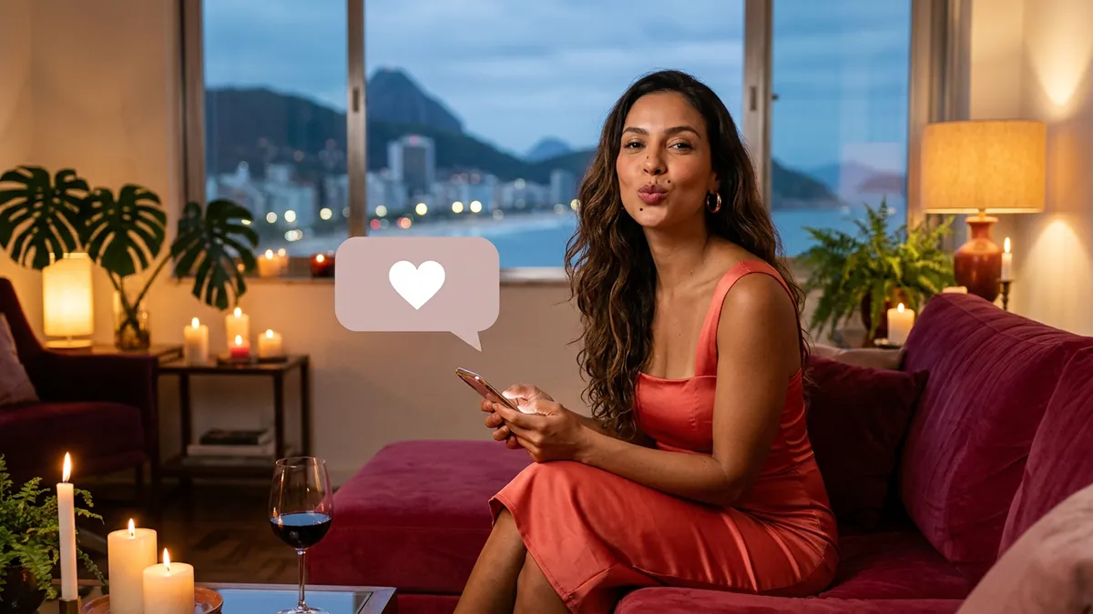 Mulher manda um beijo para a câmera com o celular na mão, e um balão de coração voa em sua direção (imagem gerada por IA)