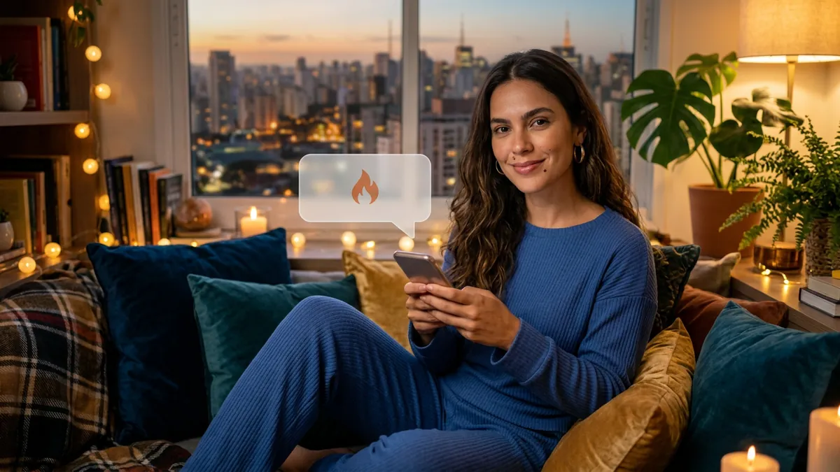 Mulher com o celular — fim de dia relaxado (imagem gerada por IA)