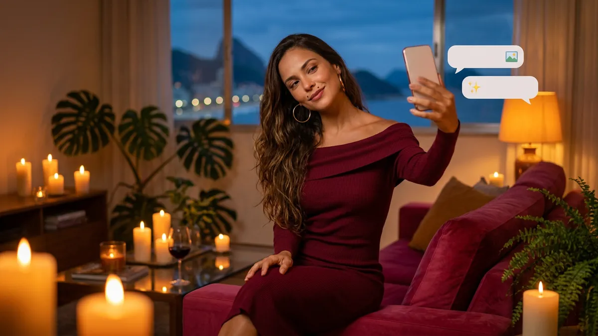 Mulher tira uma selfie no sofá à luz de velas, com balões de foto e brilho ao lado (imagem gerada por IA)