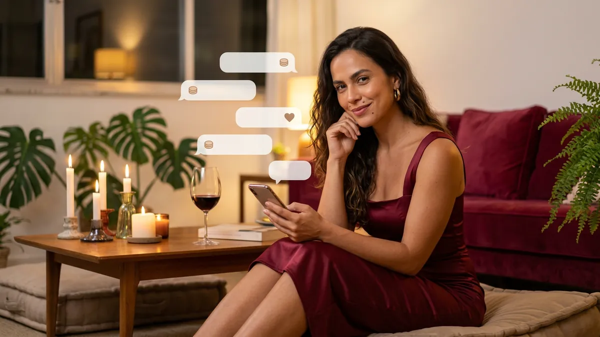 Mulher sorri satisfeita com o celular, entre balões com ícones de moeda e coração (imagem gerada por IA)