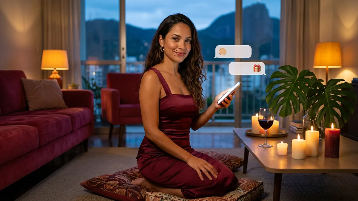 Mulher sentada em almofadas junto à mesa de centro com velas, balões com ícones de moeda e presente (imagem gerada por IA)
