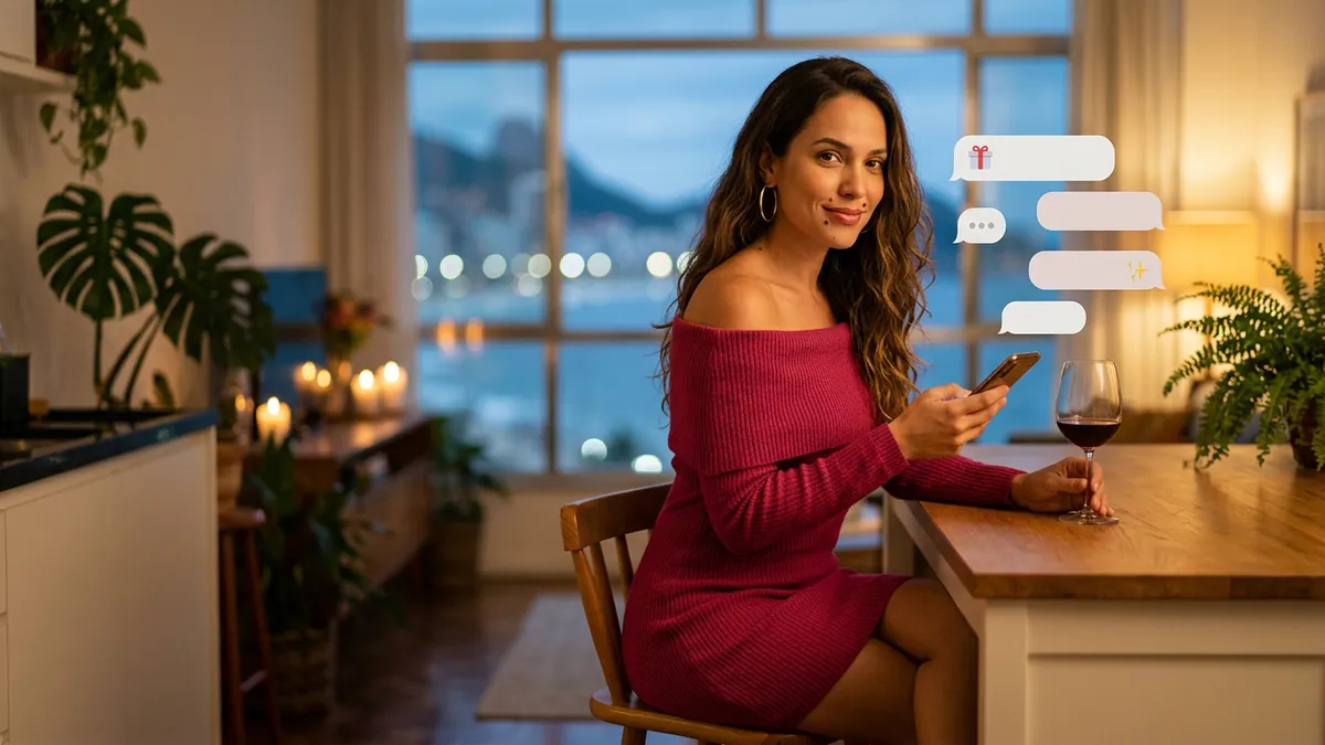 Mulher no balcão da cozinha com uma taça de vinho e o celular, balões com ícones de moeda e presente (imagem gerada por IA)