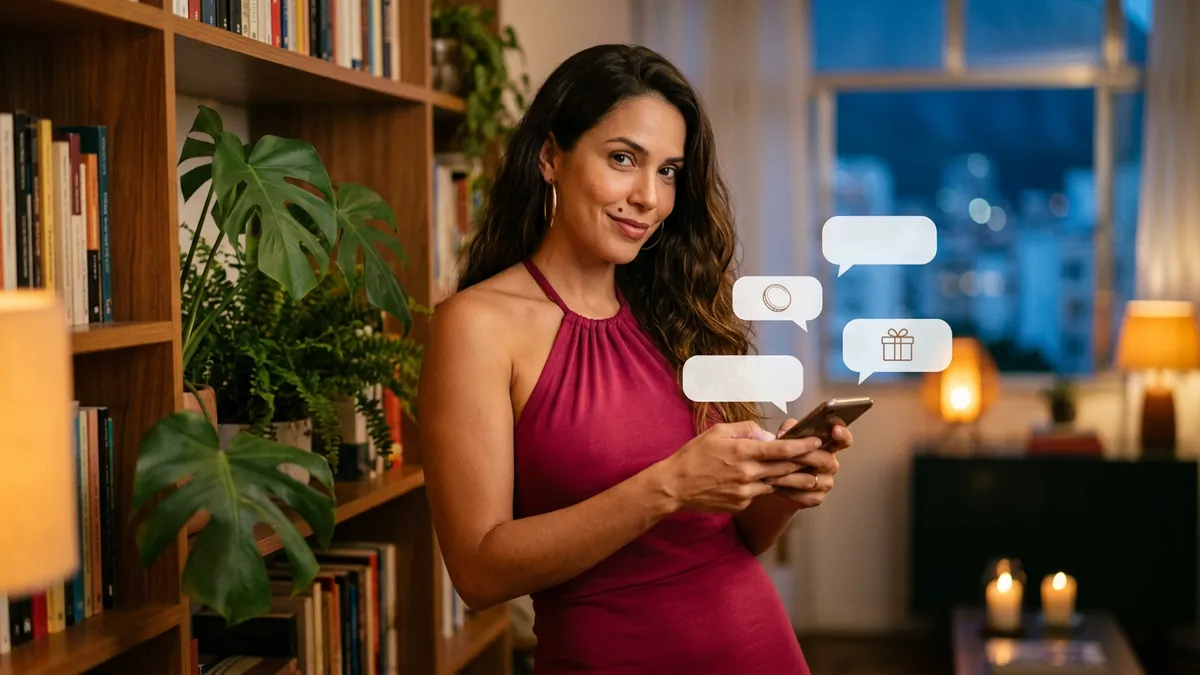 Mulher junto à estante com plantas digitando no celular, balões com ícones de moeda e presente (imagem gerada por IA)
