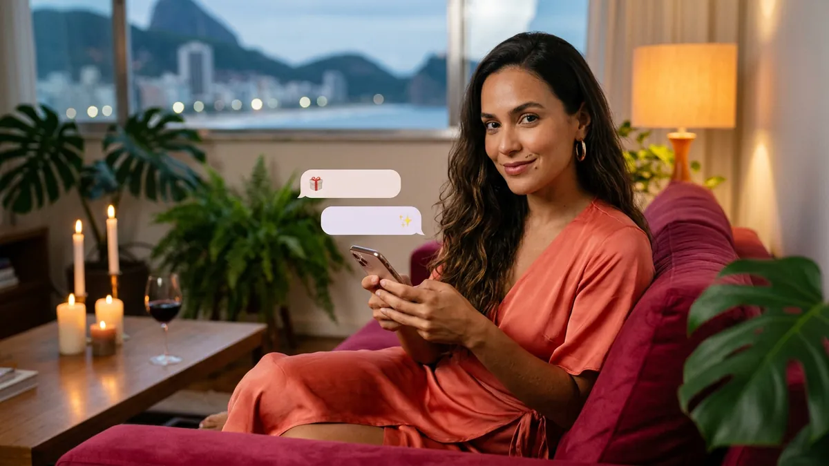 Mulher no sofá de veludo com o celular nas mãos, balões com ícones de moeda e presente (imagem gerada por IA)