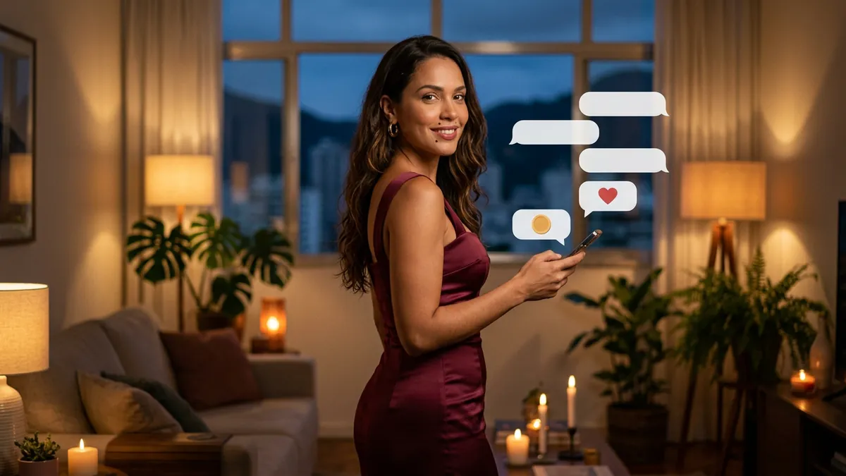 Mulher na sala iluminada por velas virando-se para a câmera com o celular, balões com ícones de moeda e presente (imagem gerada por IA)