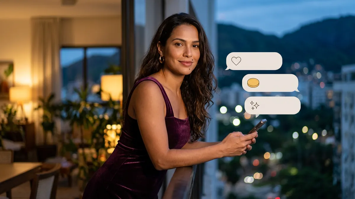 Mulher na varanda à noite com o celular e as luzes da cidade atrás, balões com ícones de moeda e presente (imagem gerada por IA)
