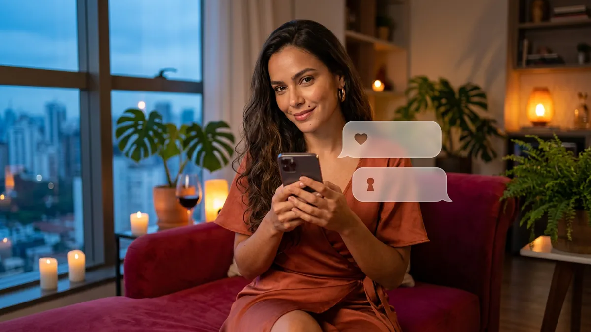Mulher com o celular — conversa privada (imagem gerada por IA)