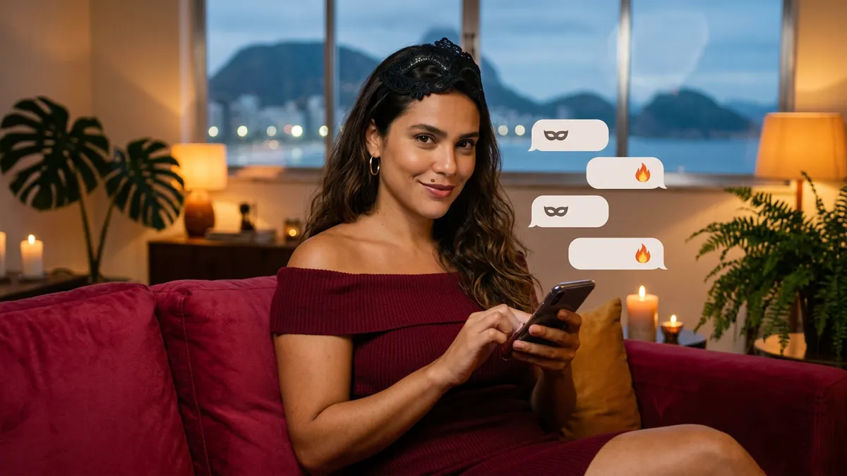 Mulher com máscara de renda no cabelo digita no celular, entre balões de máscara e fogo (imagem gerada por IA)